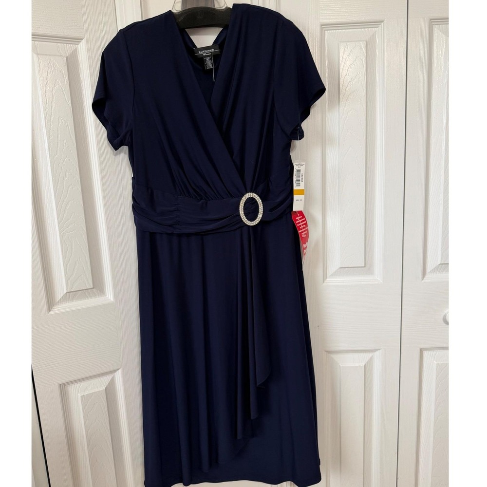 R&M Richards Woman Navy Blue Faux Wrap Cocktail Dress Rhinestone Buckle 16W NEW